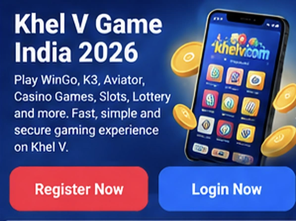 Khel V Game India 2026 hero banner with colorful mobile phone, game tiles, and Register and Login buttons